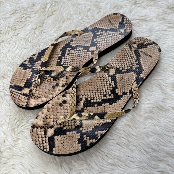Tory Burch Leather Snake Print Flip Flops Sandal Desert Roccia Black Tan Size 10 - Picture 1 of 9